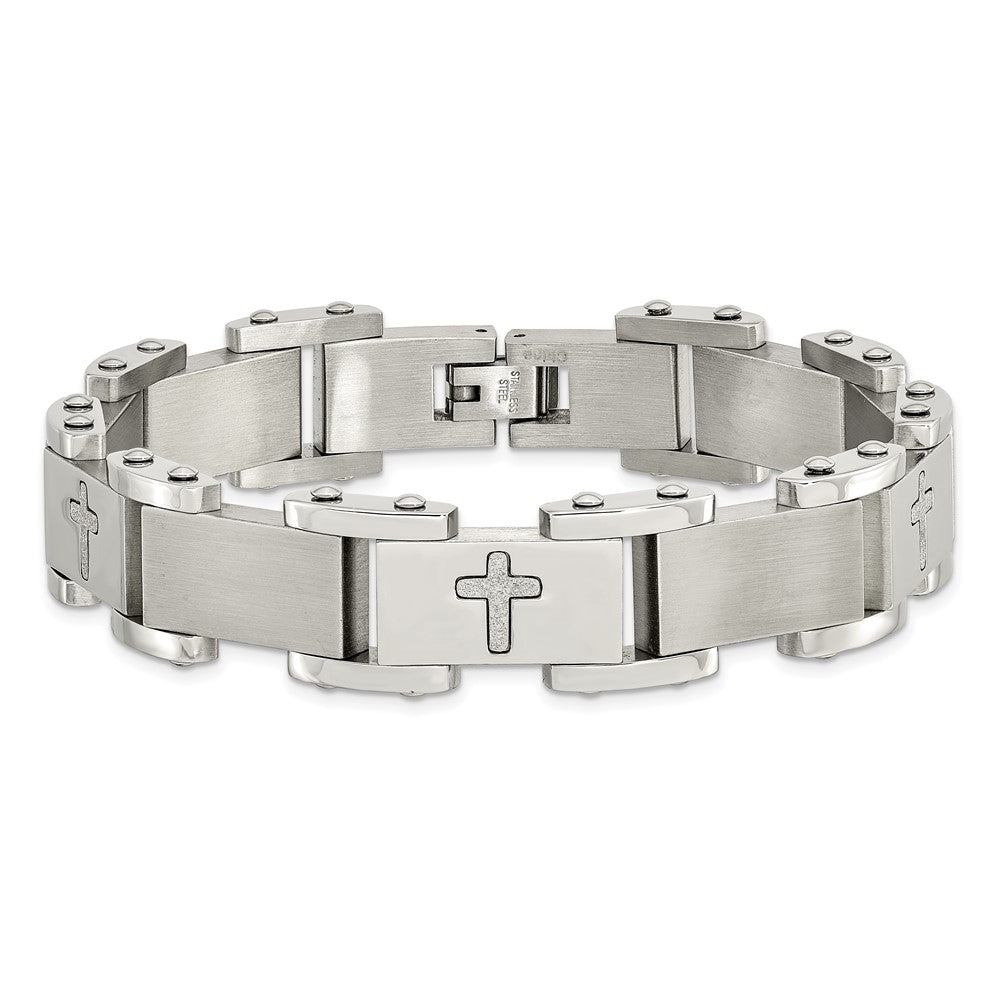 Edelstahl Chisel Gebürstet Poliert und Lasergeschnitten Crosses 8.75 Zoll Glieder Armband