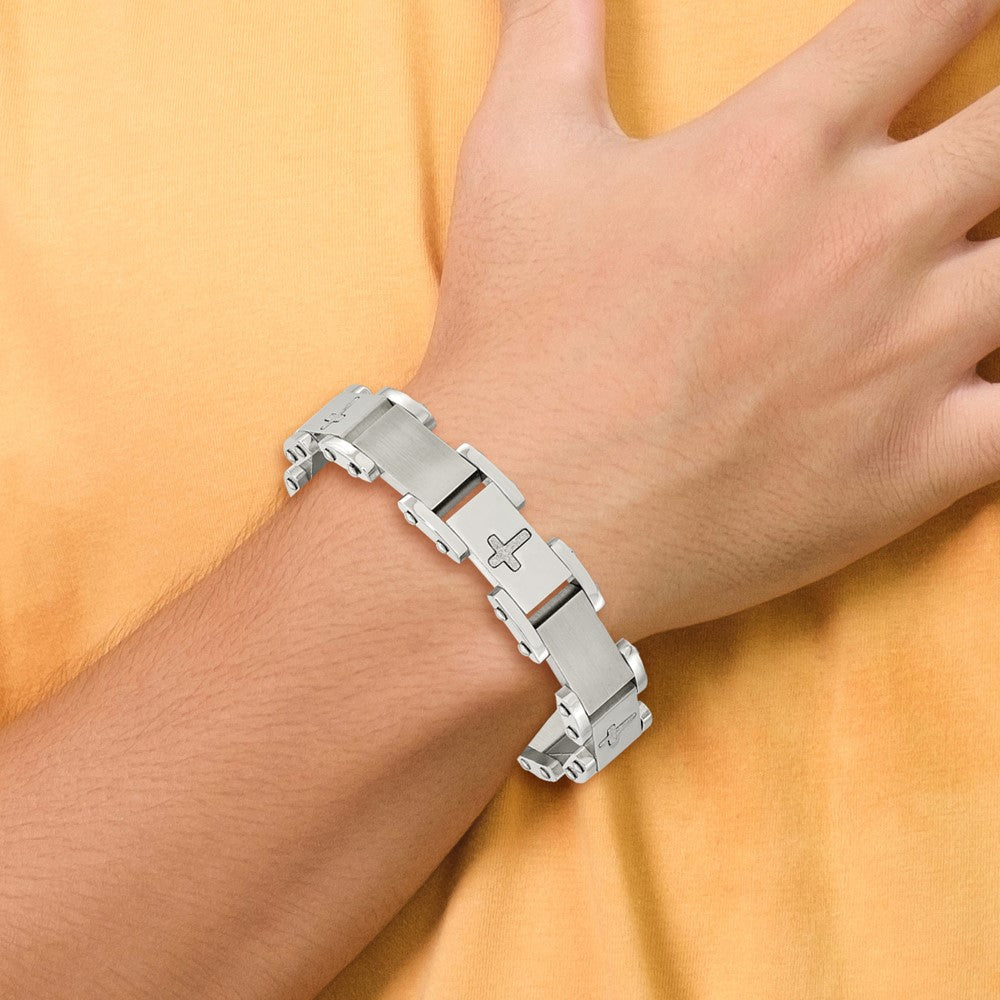 Edelstahl Chisel Gebürstet Poliert und Lasergeschnitten Crosses 8.75 Zoll Glieder Armband