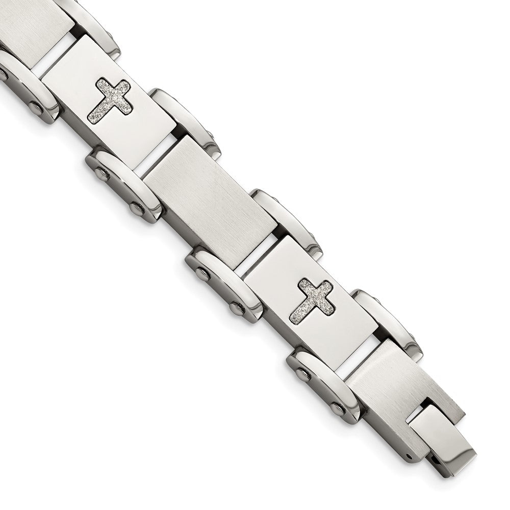Edelstahl Chisel Gebürstet Poliert und Lasergeschnitten Crosses 8.75 Zoll Glieder Armband