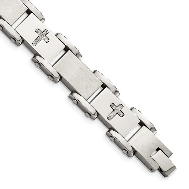 Edelstahl Chisel Gebürstet Poliert und Lasergeschnitten Crosses 8.75 Zoll Glieder Armband