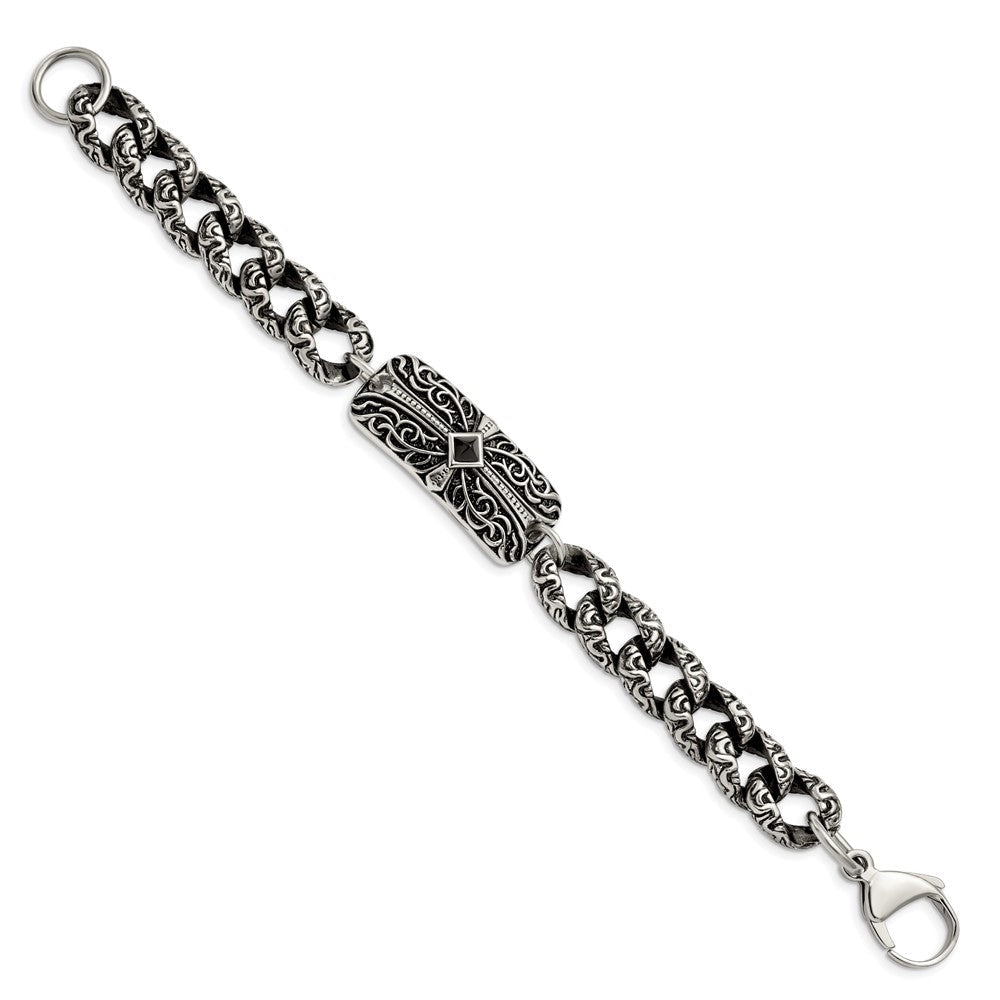 Edelstahl Chisel Antikisiert und Poliert mit Schwarz Achat 9 Zoll Fantasieglieder Kreuz Armband