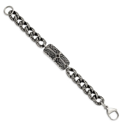 Edelstahl Chisel Antikisiert und Poliert mit Schwarz Achat 9 Zoll Fantasieglieder Kreuz Armband