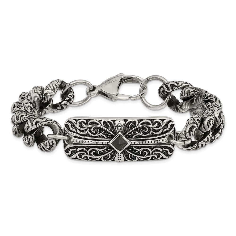 Edelstahl Chisel Antikisiert und Poliert mit Schwarz Achat 9 Zoll Fantasieglieder Kreuz Armband