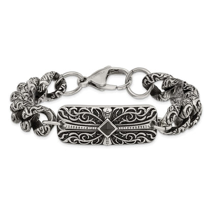 Edelstahl Chisel Antikisiert und Poliert mit Schwarz Achat 9 Zoll Fantasieglieder Kreuz Armband