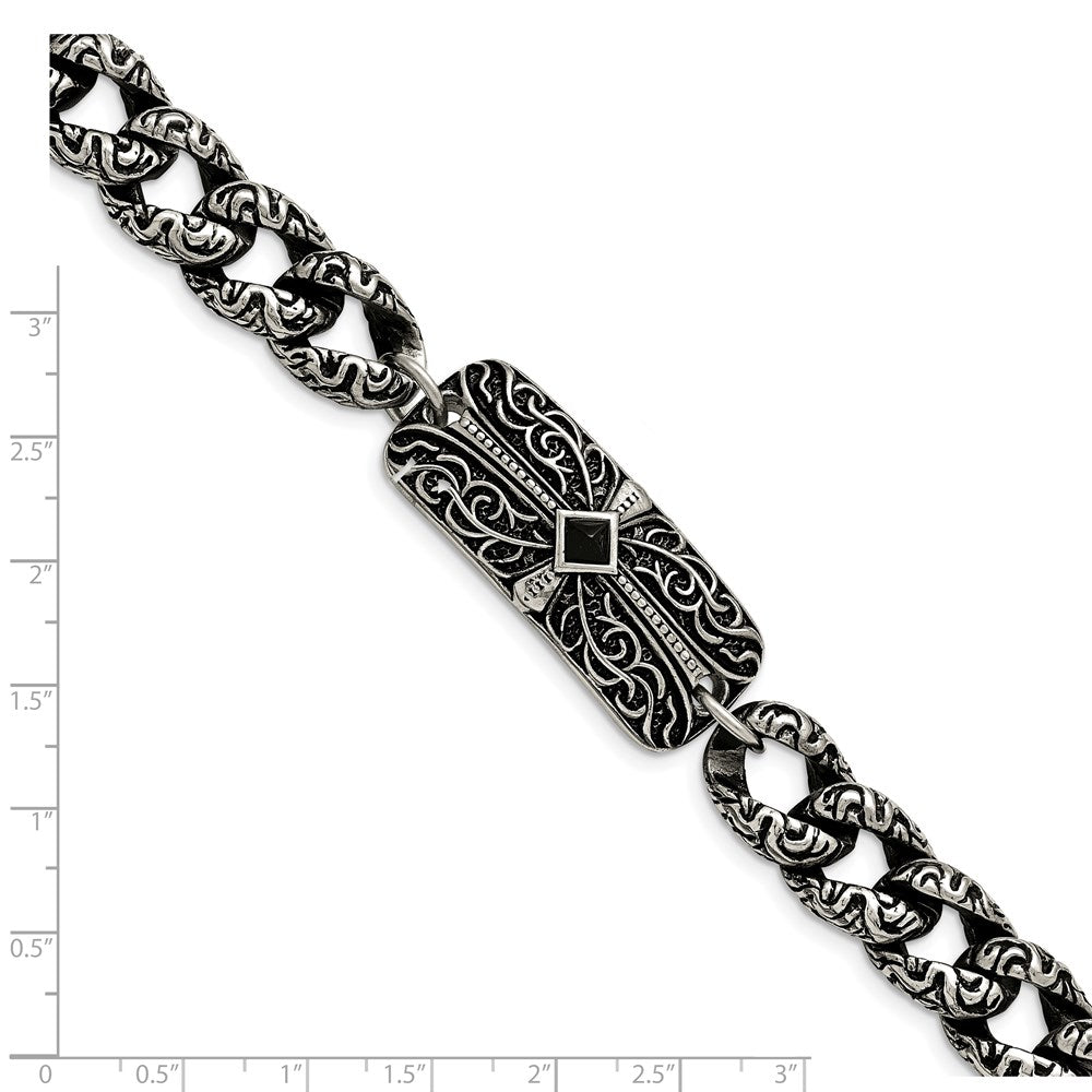 Edelstahl Chisel Antikisiert und Poliert mit Schwarz Achat 9 Zoll Fantasieglieder Kreuz Armband