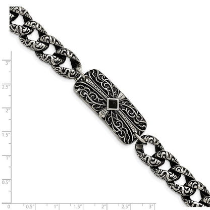 Edelstahl Chisel Antikisiert und Poliert mit Schwarz Achat 9 Zoll Fantasieglieder Kreuz Armband