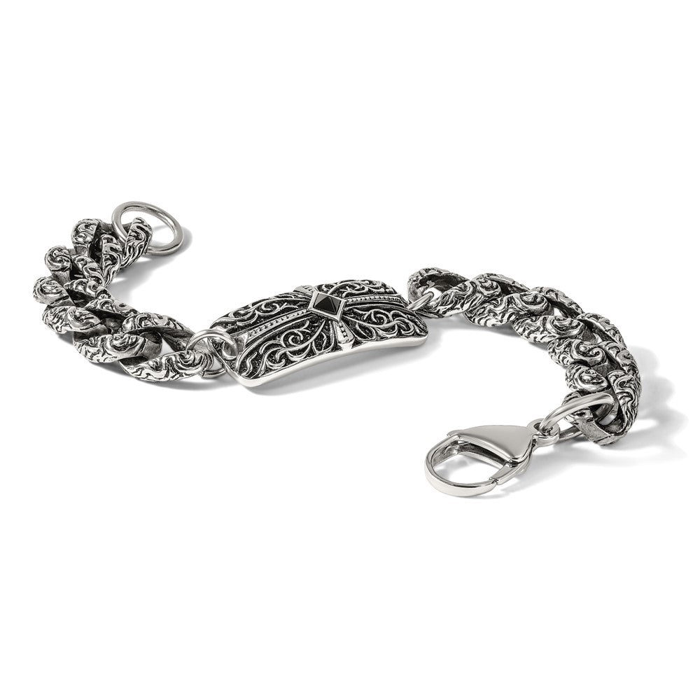 Edelstahl Chisel Antikisiert und Poliert mit Schwarz Achat 9 Zoll Fantasieglieder Kreuz Armband