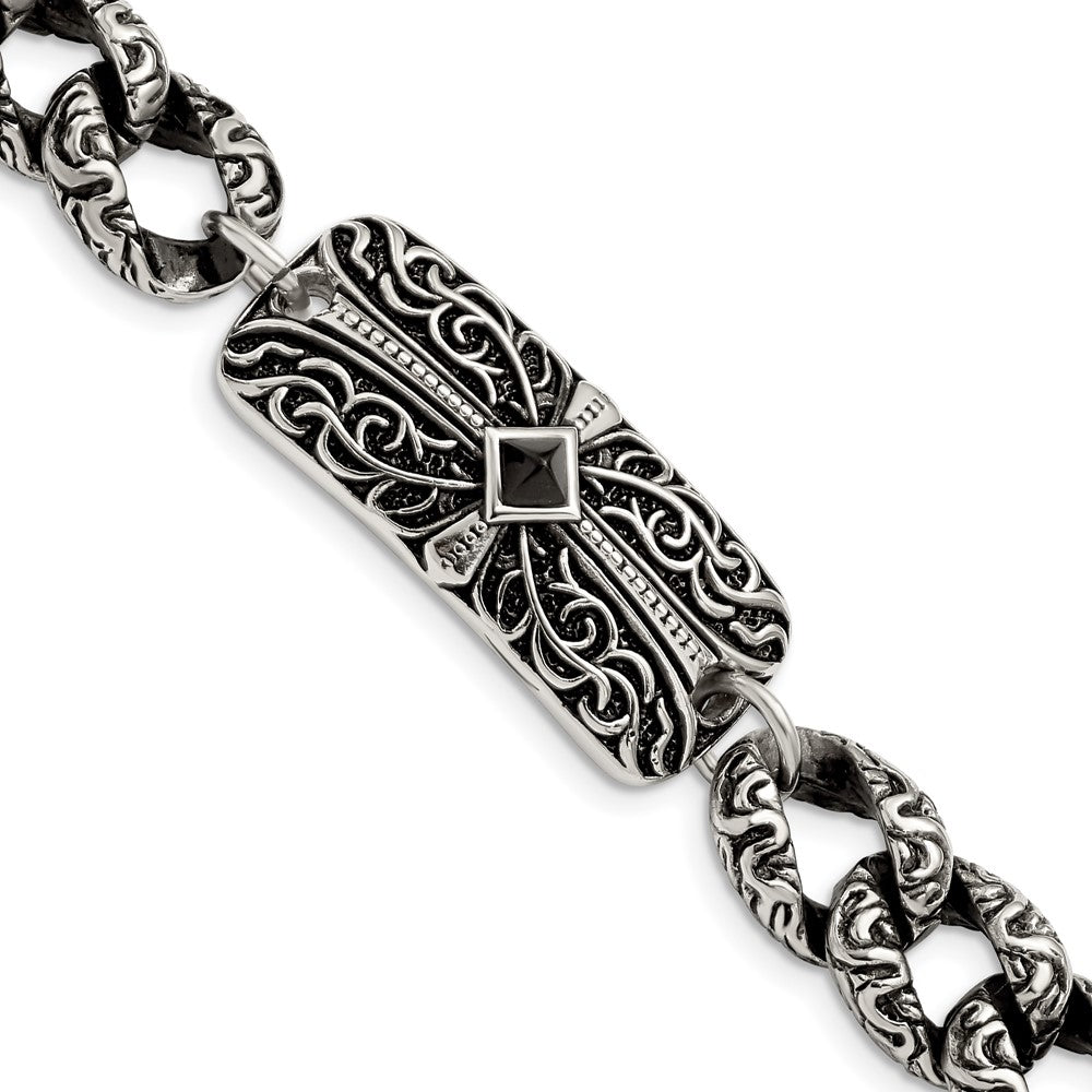 Edelstahl Chisel Antikisiert und Poliert mit Schwarz Achat 9 Zoll Fantasieglieder Kreuz Armband