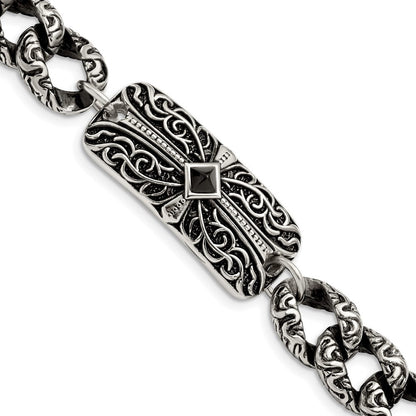 Edelstahl Chisel Antikisiert und Poliert mit Schwarz Achat 9 Zoll Fantasieglieder Kreuz Armband