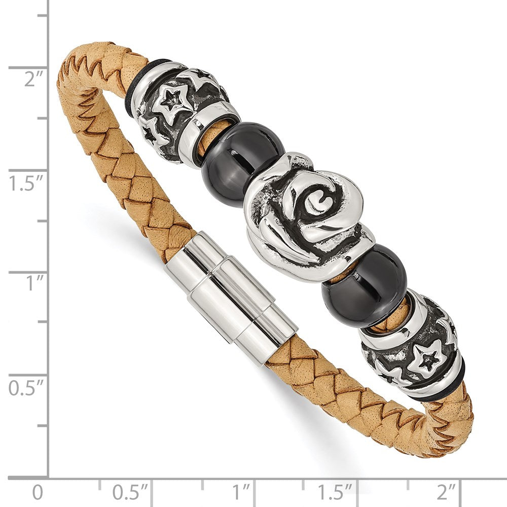 7.5 Zoll Edelstahl Gebürstet & Poliert Schwarz Ip Perlen Leder 7.5 Zoll Armband