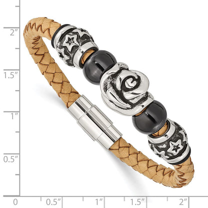 7.5 Zoll Edelstahl Gebürstet & Poliert Schwarz Ip Perlen Leder 7.5 Zoll Armband