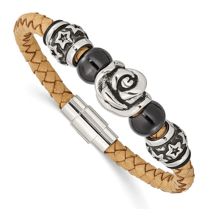 7.5 Zoll Edelstahl Gebürstet & Poliert Schwarz Ip Perlen Leder 7.5 Zoll Armband