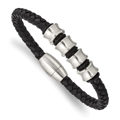 Edelstahl Chisel Gebürstet Geflochten Schwarz Leder 8.5 Zoll Armband
