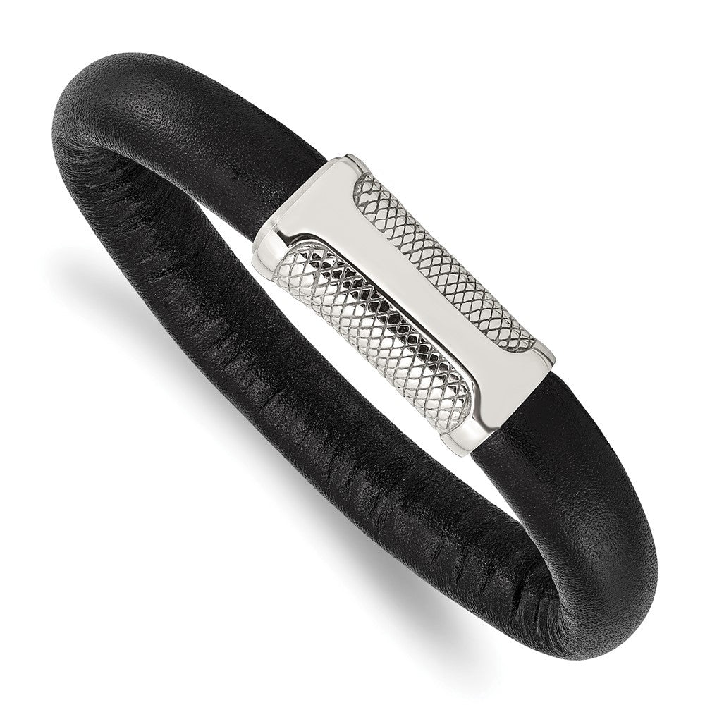 8.5 Zoll Edelstahl Poliert und Strukturiert Schwarz Leder 8.5 Zoll Armband