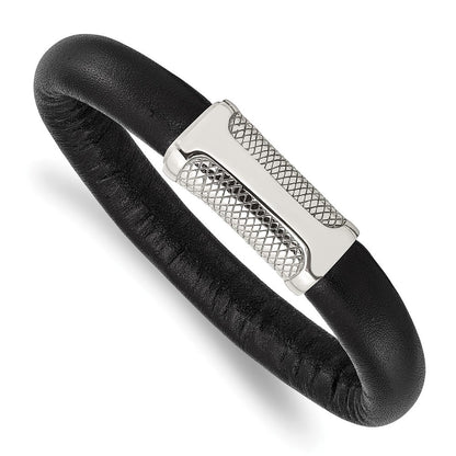 8.5 Zoll Edelstahl Poliert und Strukturiert Schwarz Leder 8.5 Zoll Armband