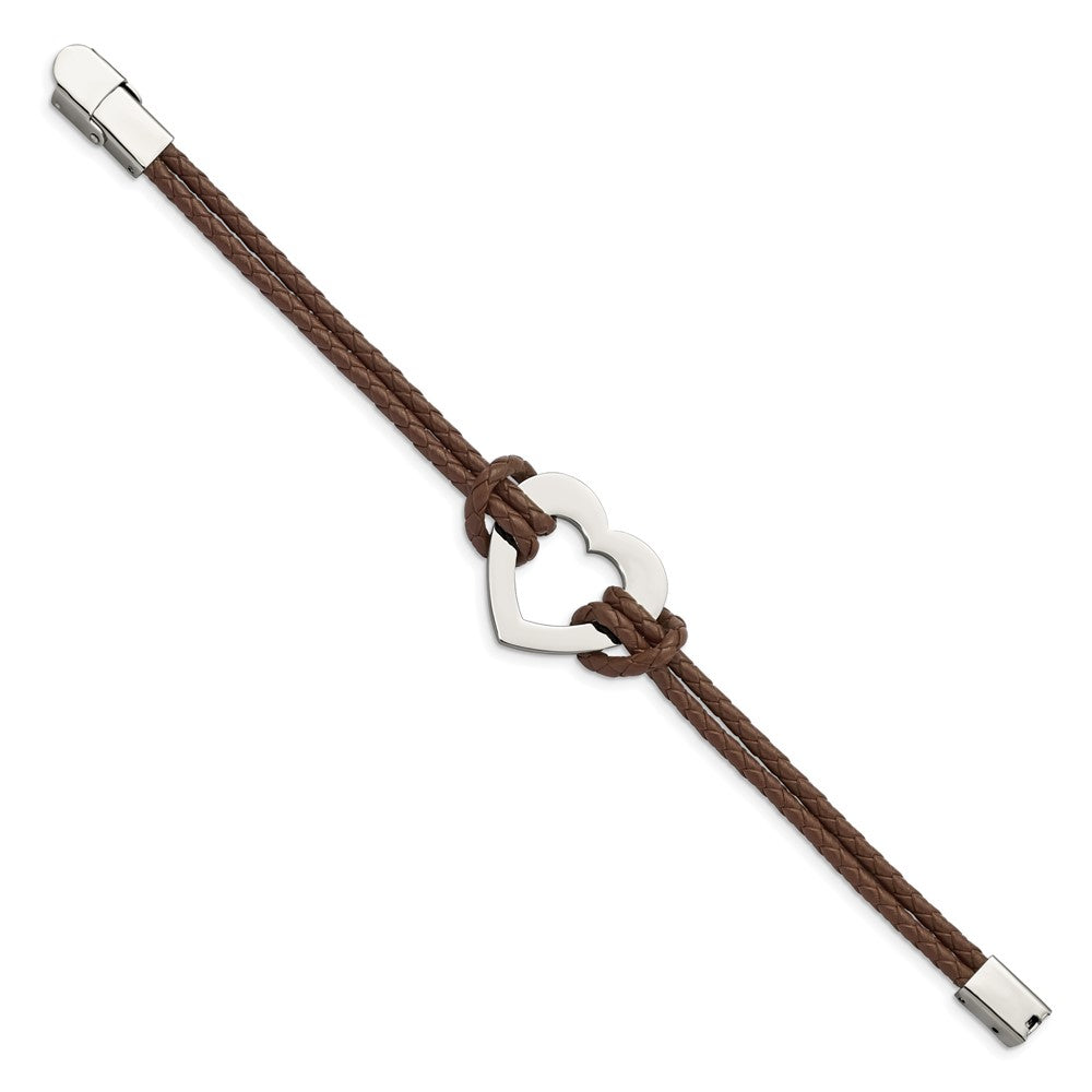 Edelstahl Chisel Poliert Herz Braun Geflochten Leder 7.5 Zoll Armband