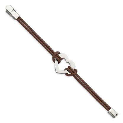 Edelstahl Chisel Poliert Herz Braun Geflochten Leder 7.5 Zoll Armband
