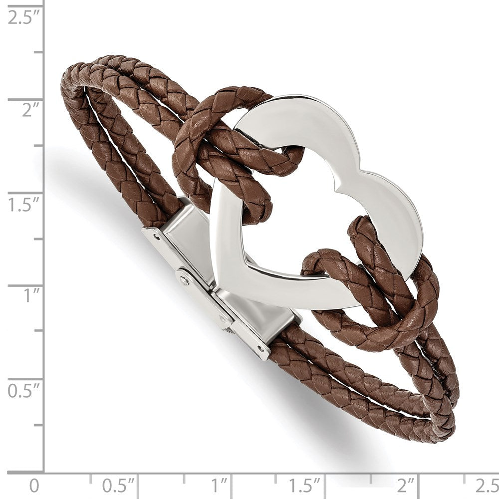Edelstahl Chisel Poliert Herz Braun Geflochten Leder 7.5 Zoll Armband