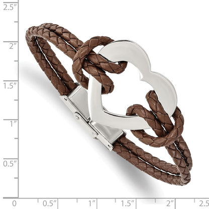 Edelstahl Chisel Poliert Herz Braun Geflochten Leder 7.5 Zoll Armband
