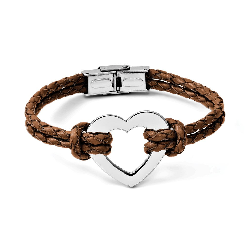 Edelstahl Chisel Poliert Herz Braun Geflochten Leder 7.5 Zoll Armband