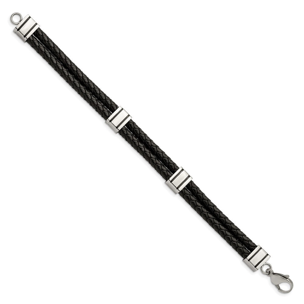 Edelstahl Chisel Poliert Geflochten 2 Strang Schwarz Leder 9 Zoll Armband