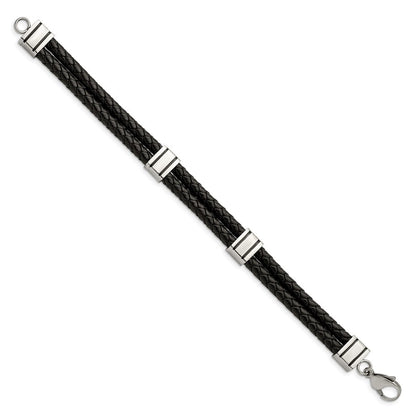 Edelstahl Chisel Poliert Geflochten 2 Strang Schwarz Leder 9 Zoll Armband