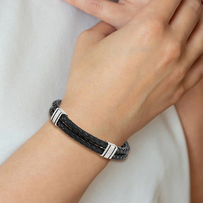 Edelstahl Chisel Poliert Geflochten 2 Strang Schwarz Leder 9 Zoll Armband
