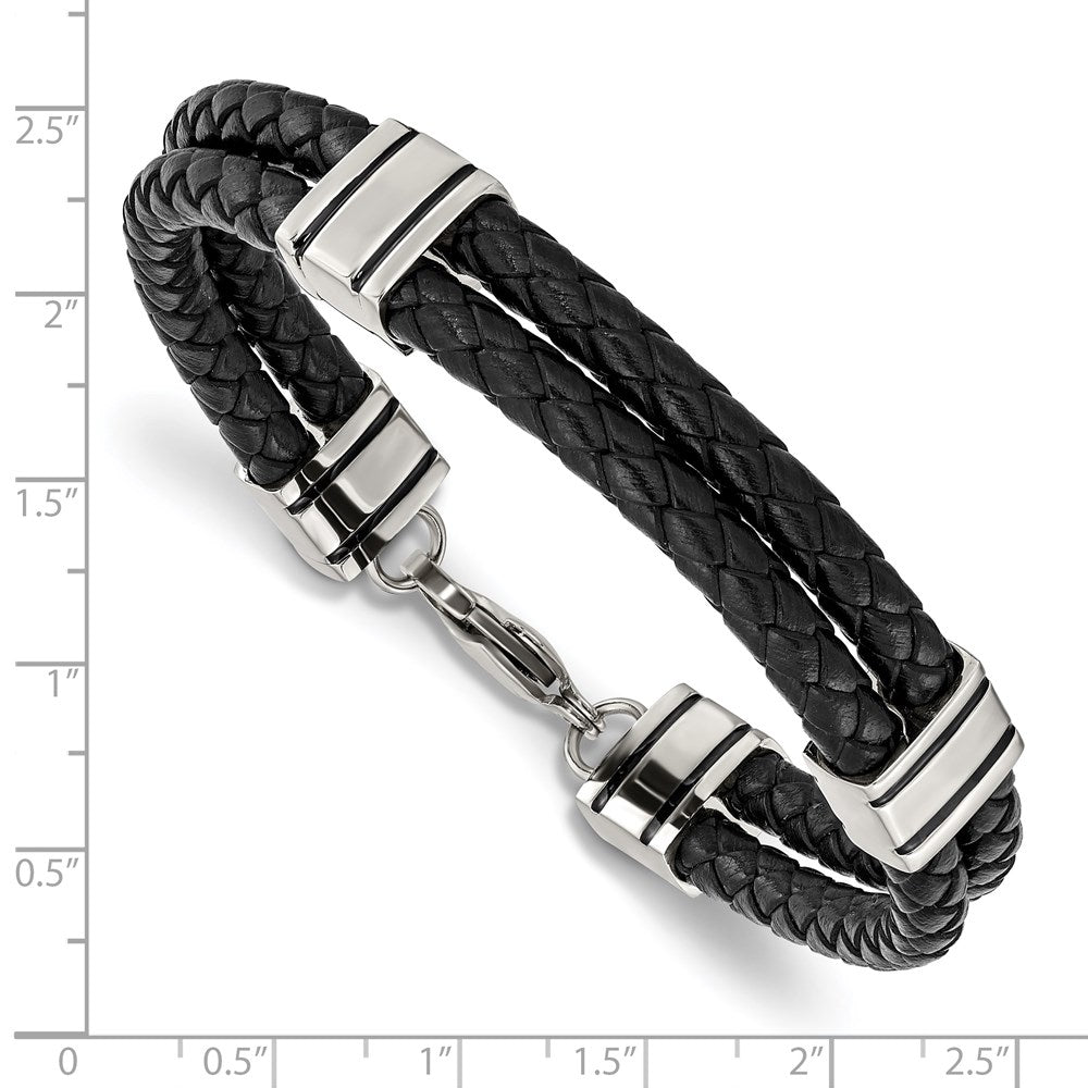 Edelstahl Chisel Poliert Geflochten 2 Strang Schwarz Leder 9 Zoll Armband