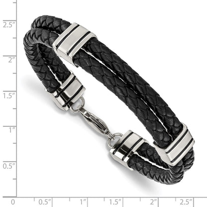 Edelstahl Chisel Poliert Geflochten 2 Strang Schwarz Leder 9 Zoll Armband