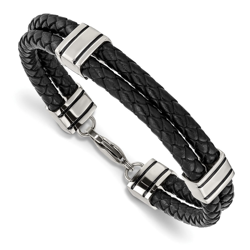 Edelstahl Chisel Poliert Geflochten 2 Strang Schwarz Leder 9 Zoll Armband
