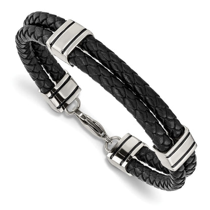 Edelstahl Chisel Poliert Geflochten 2 Strang Schwarz Leder 9 Zoll Armband