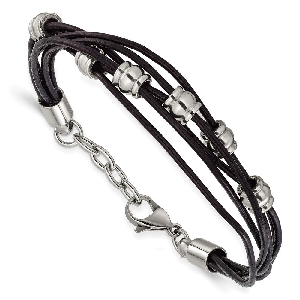 Edelstahl Chisel Poliert Gekugelt Multi-strand Schwarz Leder 7.5 Zoll Armband Mit.75 Verlängerung