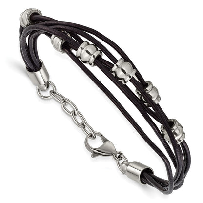 Edelstahl Chisel Poliert Gekugelt Multi-strand Schwarz Leder 7.5 Zoll Armband Mit.75 Verlängerung