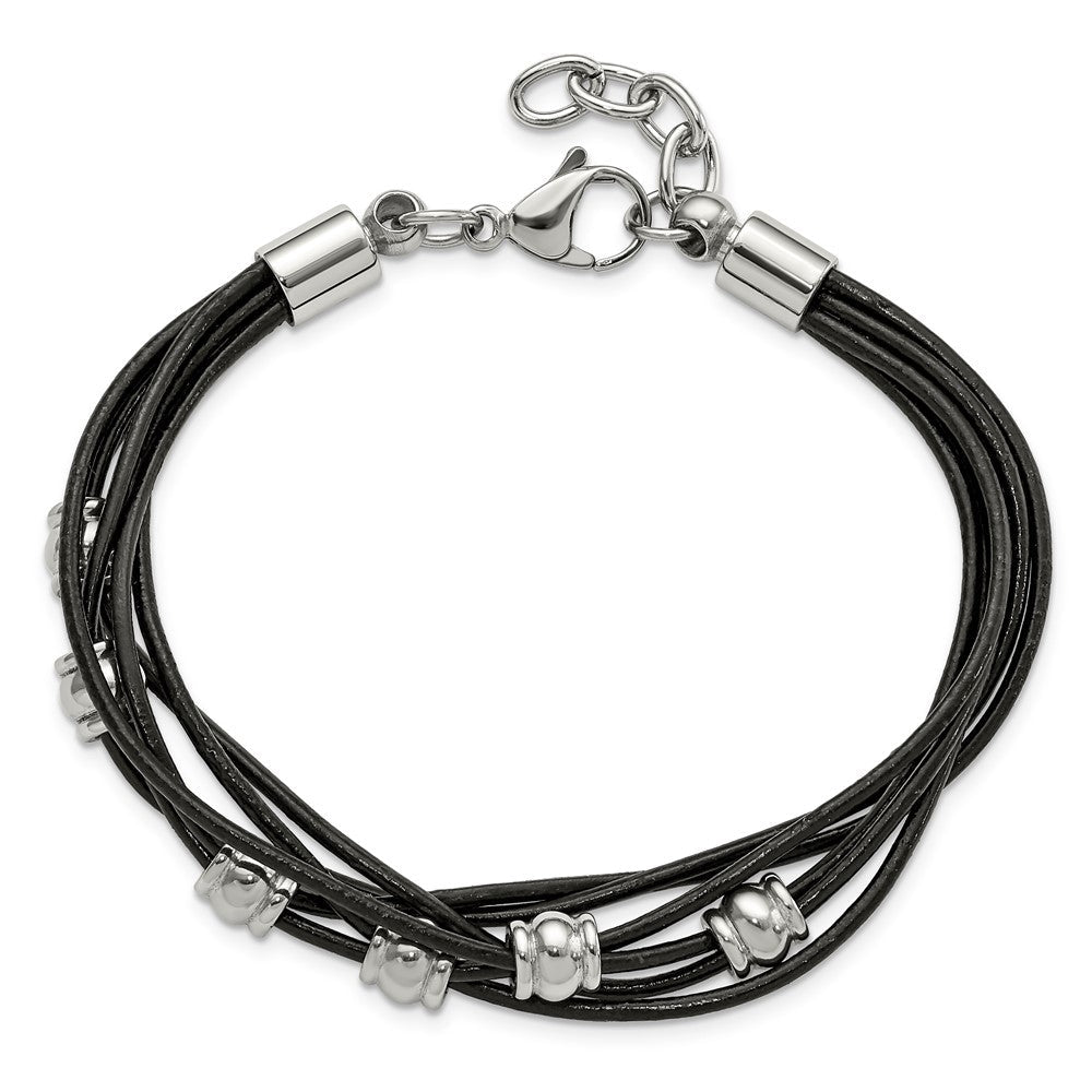 Edelstahl Chisel Poliert Gekugelt Multi-strand Schwarz Leder 7.5 Zoll Armband Mit.75 Verlängerung