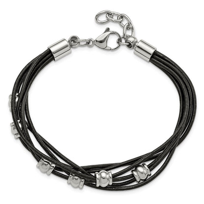 Edelstahl Chisel Poliert Gekugelt Multi-strand Schwarz Leder 7.5 Zoll Armband Mit.75 Verlängerung
