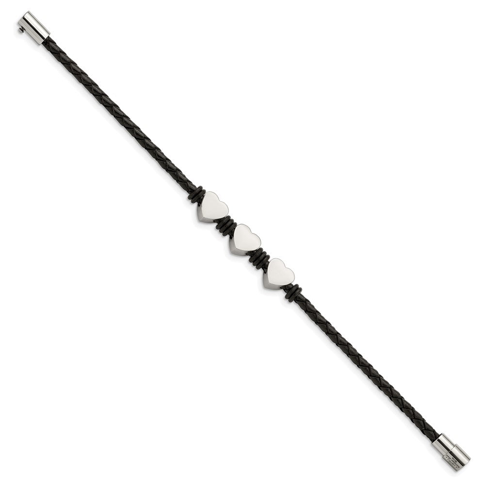 Edelstahl Chisel Poliert Herzen Schwarz Geflochten Leder und Gummi 7.5 Zoll Armband