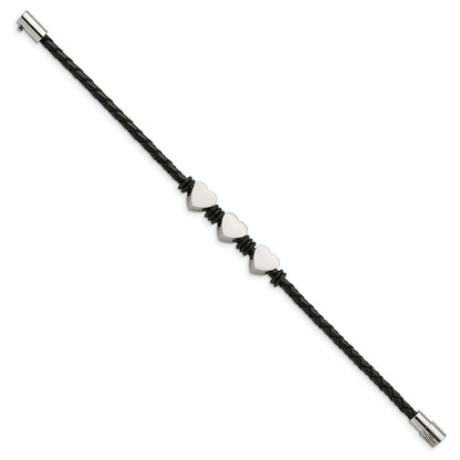 Edelstahl Chisel Poliert Herzen Schwarz Geflochten Leder und Gummi 7.5 Zoll Armband