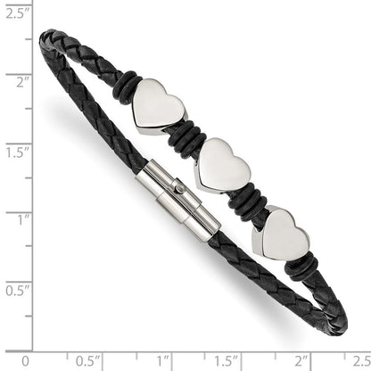 Edelstahl Chisel Poliert Herzen Schwarz Geflochten Leder und Gummi 7.5 Zoll Armband
