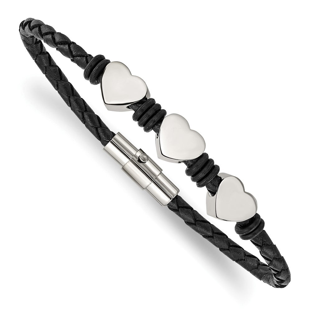 Edelstahl Chisel Poliert Herzen Schwarz Geflochten Leder und Gummi 7.5 Zoll Armband