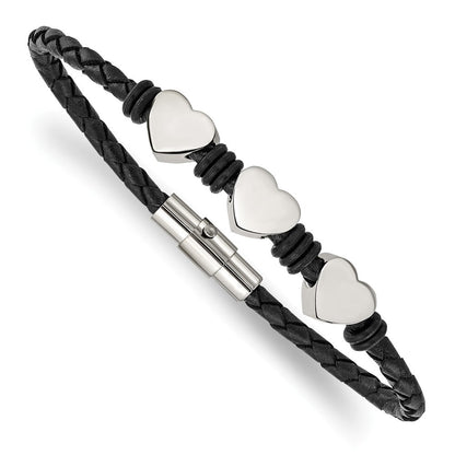 Edelstahl Chisel Poliert Herzen Schwarz Geflochten Leder und Gummi 7.5 Zoll Armband