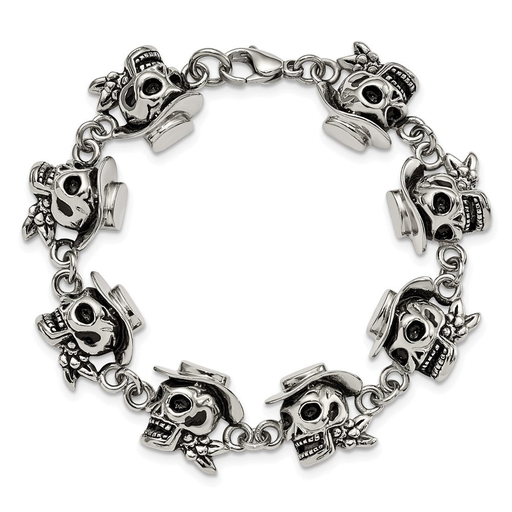 8.5 Zoll Edelstahl Antikisiert und Poliert Pirates Skulls 8.5 Zoll Armband