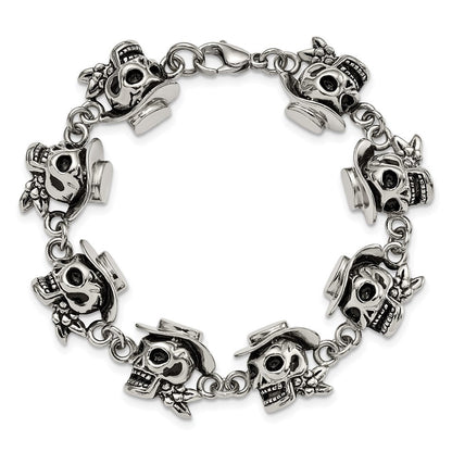 8.5 Zoll Edelstahl Antikisiert und Poliert Pirates Skulls 8.5 Zoll Armband