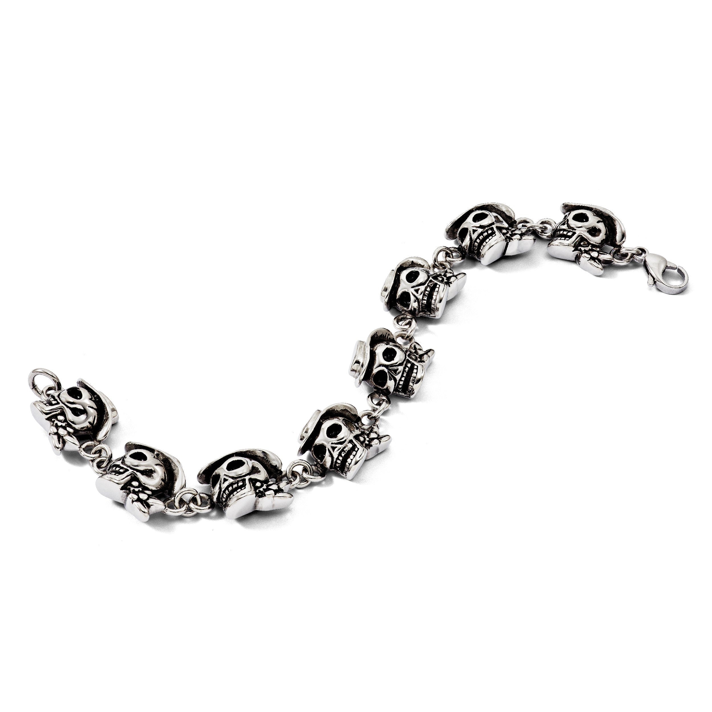8.5 Zoll Edelstahl Antikisiert und Poliert Pirates Skulls 8.5 Zoll Armband