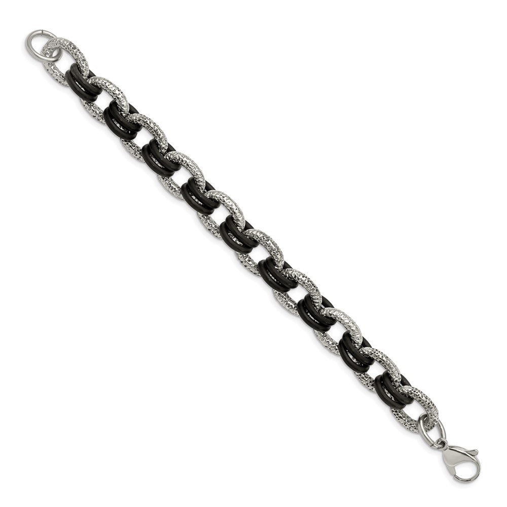 9 Zoll Edelstahl 9 Zoll Poliert und Strukturiert mit Schwarz Gummi Armband
