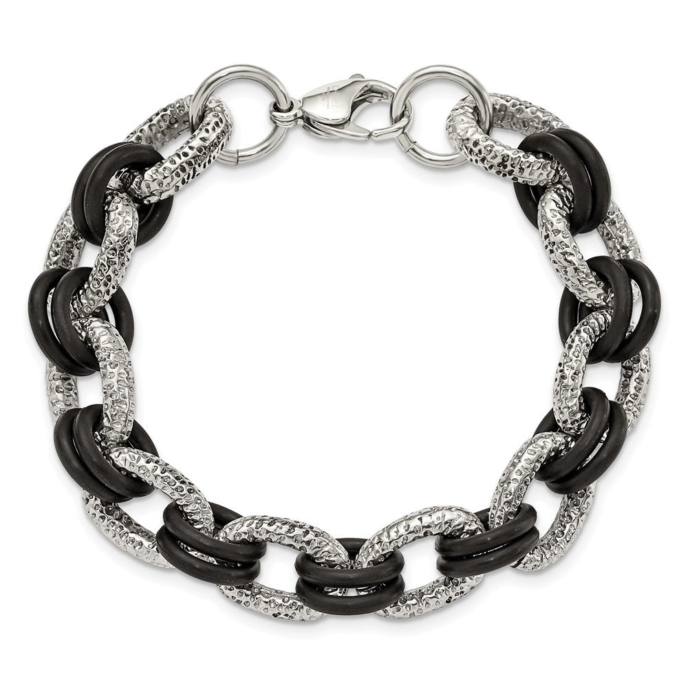 9 Zoll Edelstahl 9 Zoll Poliert und Strukturiert mit Schwarz Gummi Armband