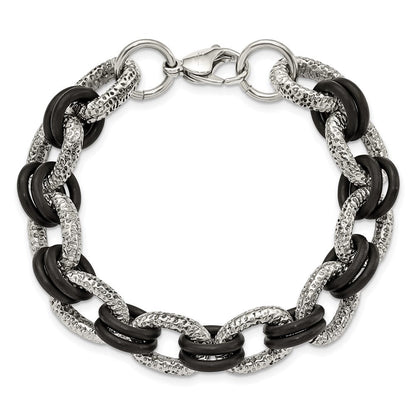 9 Zoll Edelstahl 9 Zoll Poliert und Strukturiert mit Schwarz Gummi Armband