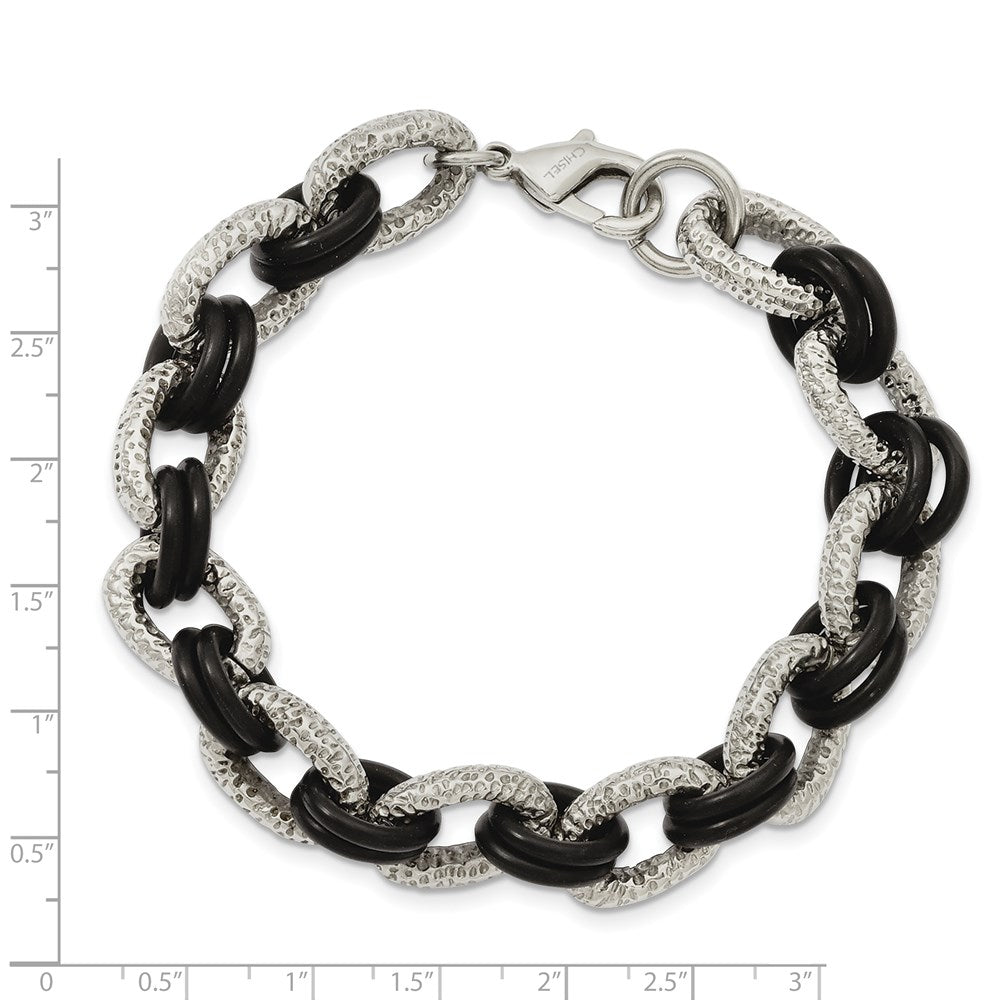 9 Zoll Edelstahl 9 Zoll Poliert und Strukturiert mit Schwarz Gummi Armband