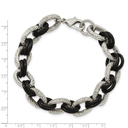 9 Zoll Edelstahl 9 Zoll Poliert und Strukturiert mit Schwarz Gummi Armband