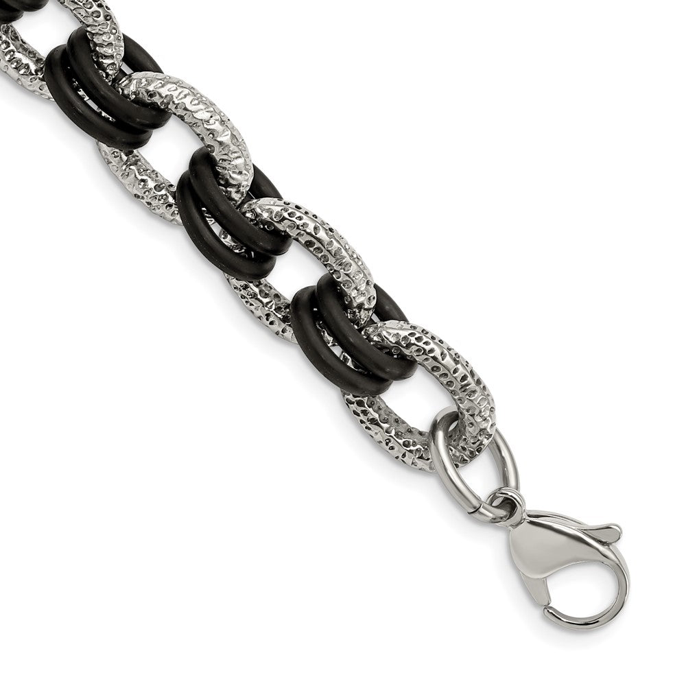 9 Zoll Edelstahl 9 Zoll Poliert und Strukturiert mit Schwarz Gummi Armband