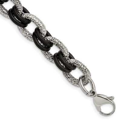 9 Zoll Edelstahl 9 Zoll Poliert und Strukturiert mit Schwarz Gummi Armband